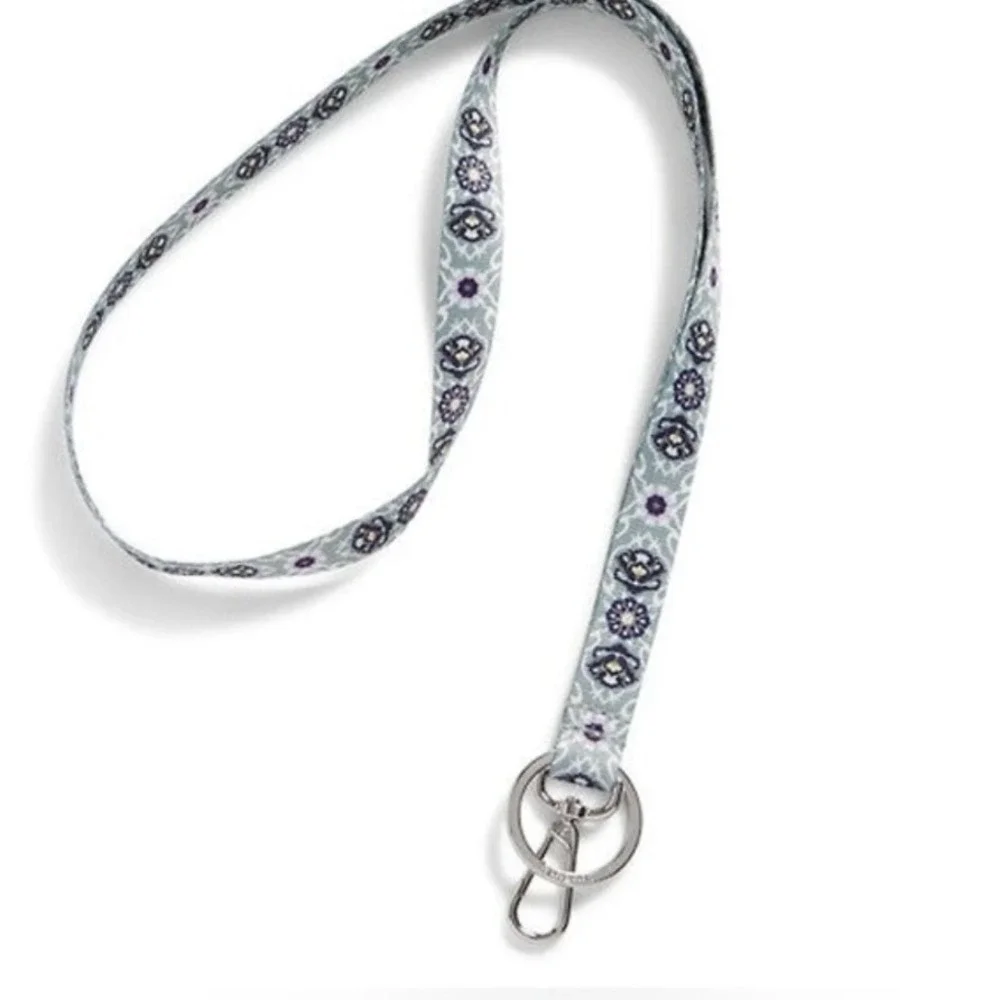 Vera Bradley Wide Lanyard Plaza Tile Floral Grey Blue ID Key Hold NEW